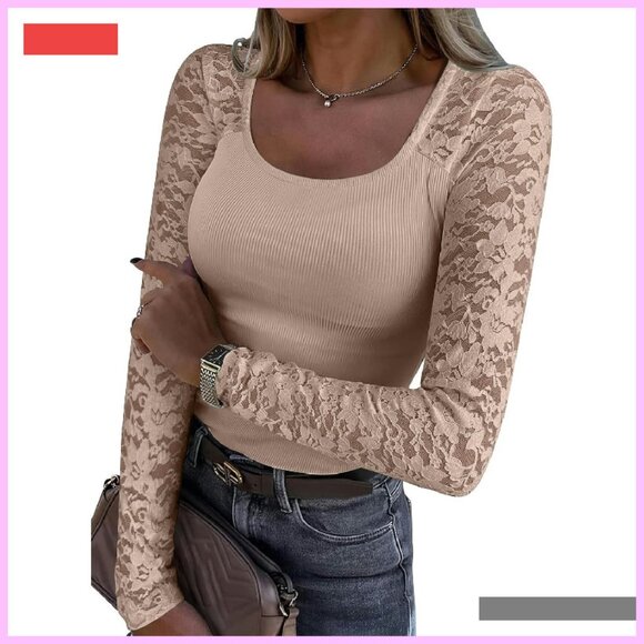 Tops - Long Sleeve Scoop Neck Lace Top Rib Knit Slim Fit Blouse